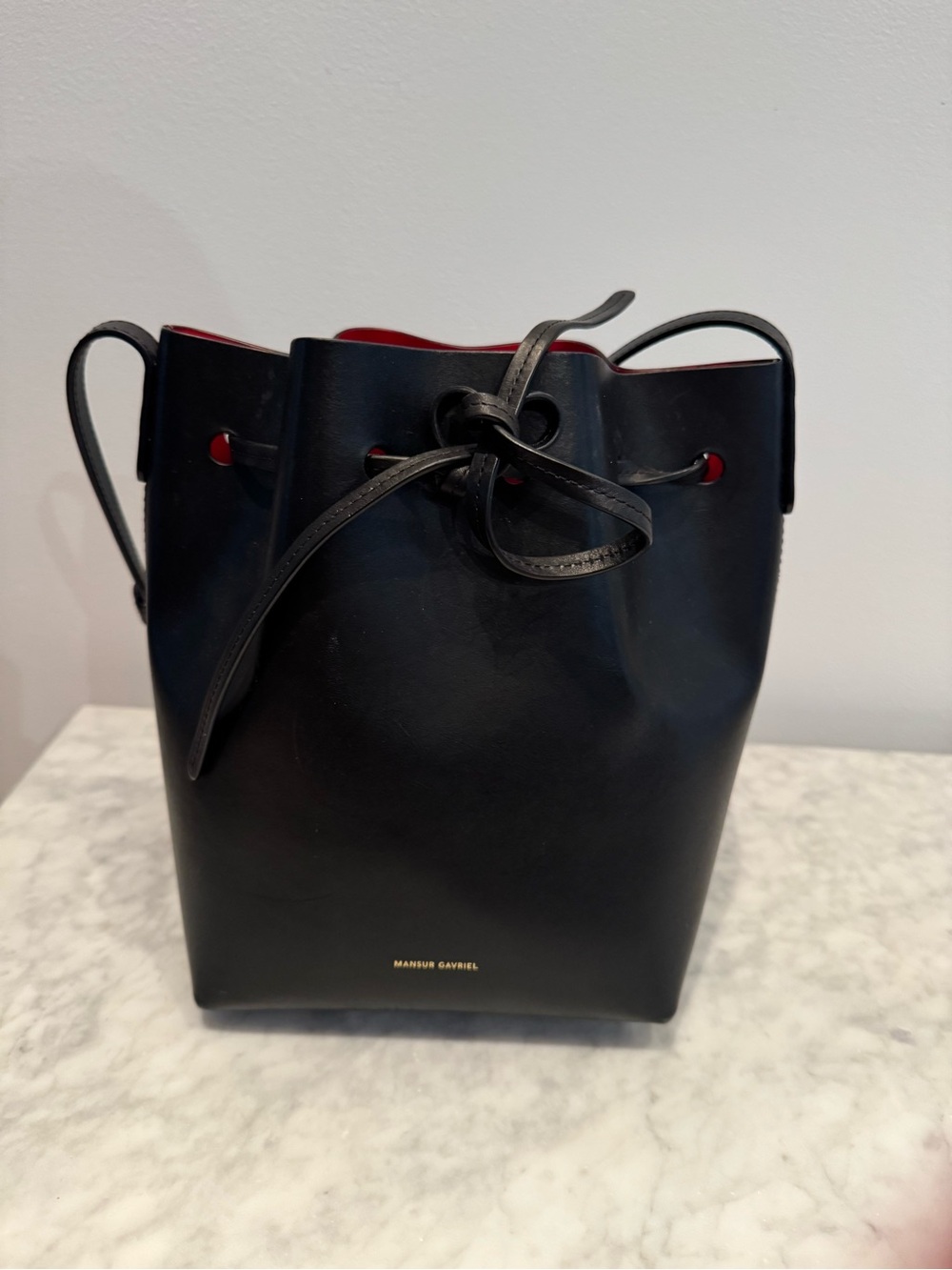 Mansur Gavriel Black Leather Bucket Bag with Red Lining